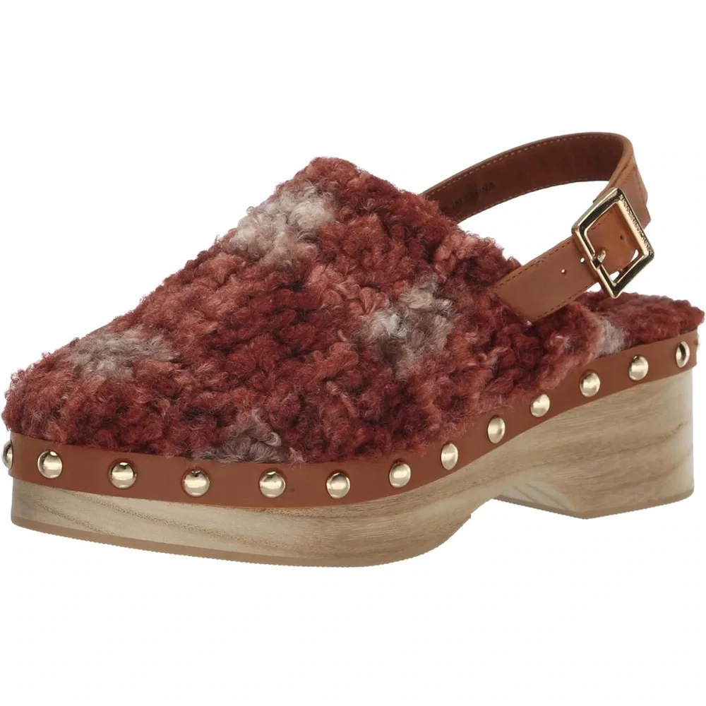 NEW Kelsi Dagger Brooklyn Warehouse Shearling garnet multi stud clog anthro 6.5 - Picture 2 of 13